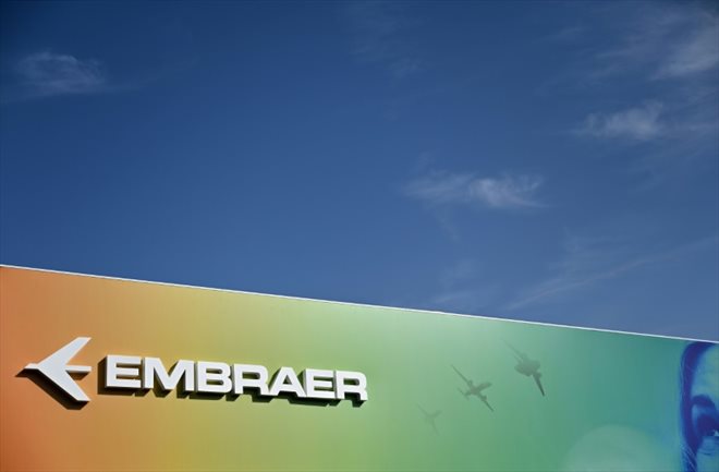 Le stan de l'avionneur Embraer au salon de Farnborough, le 19 juillet 2022