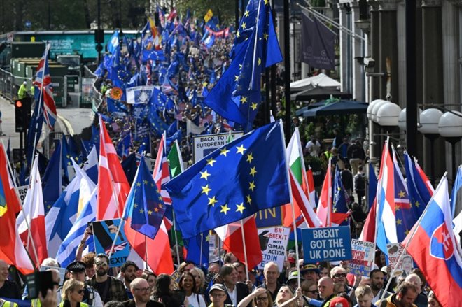 Manifestation en faveur du retour au Royaume-Uni au sein de l'Union européenne, le 23 septembre 2023 à Londres

