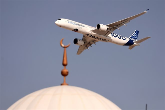 An Airbus A350-1000 during the 2023 Dubai Airshow at Dubai World Central International Airport - Al-Maktoum on November 14, 2023