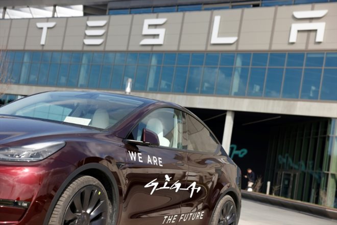 A Tesla Model Y parked in front of the group's factory in Gruenheide (Germany), March 13, 2024