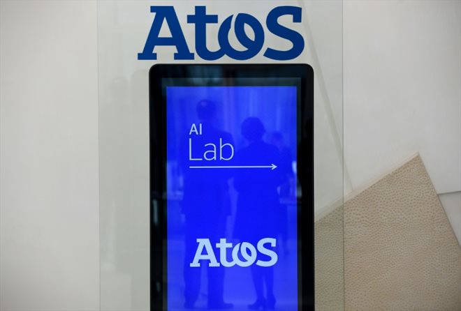 Atos logo, photographed on April 4, 2019