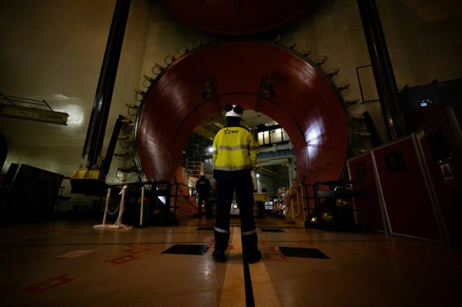 l4entrée du bâtiment du réacteur nucléaire de Flamanville 3, le 25 avril 2024 dans La Manche