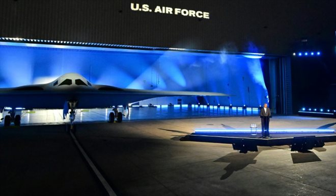 US Secretary of Defense Lloyd Austin at the presentation of the B-21 Raider bomber, unveiled in Palmdale, California, December 2, 2022