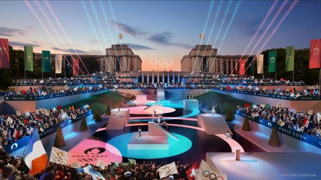 Projection of the opening ceremony of the 2024 Olympics designed by the organizing committee, presented on December 15, 2021 