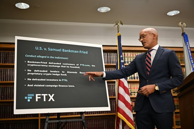 New York District Attorney Damian Williams during a press conference announcing the indictment of Samuel Bankman-Fried, founder of the FTX cryptocurrency exchange, on December 13, 2022 in New York