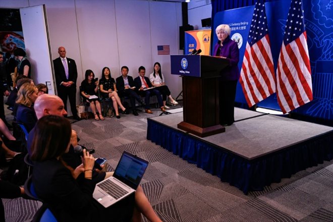 US Treasury Secretary Janet Yellen at a press conference in Beijing on July 9, 2023.