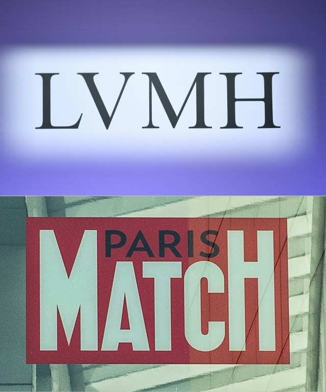 Logo du groupe de luxe LVMH (en haut) le 25 janvier 2024 à Paris et celui du magazine Paris Match, le 27 juin 2023 à Paris