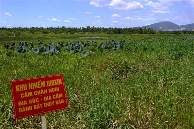 Un panneau signalant une zone contaminée par la dioxine au lac Ho Sen près de l'aéroport de Danang, ancienne base aérienne américaine, le 9 août 2012 au Vietnam