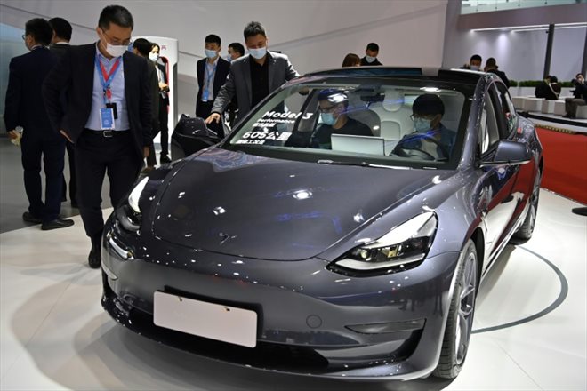 A Tesla Model 3, at the Shanghai International Motor Show on April 19, 2021